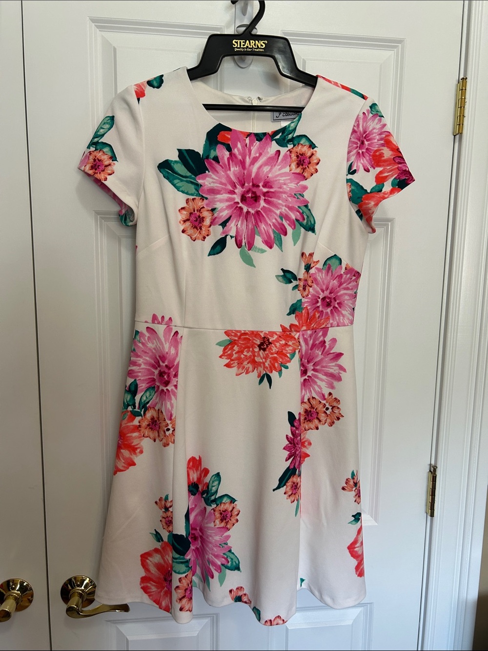 Floral Fit & Flare Dress - Pink Floral on Cream by Unknown